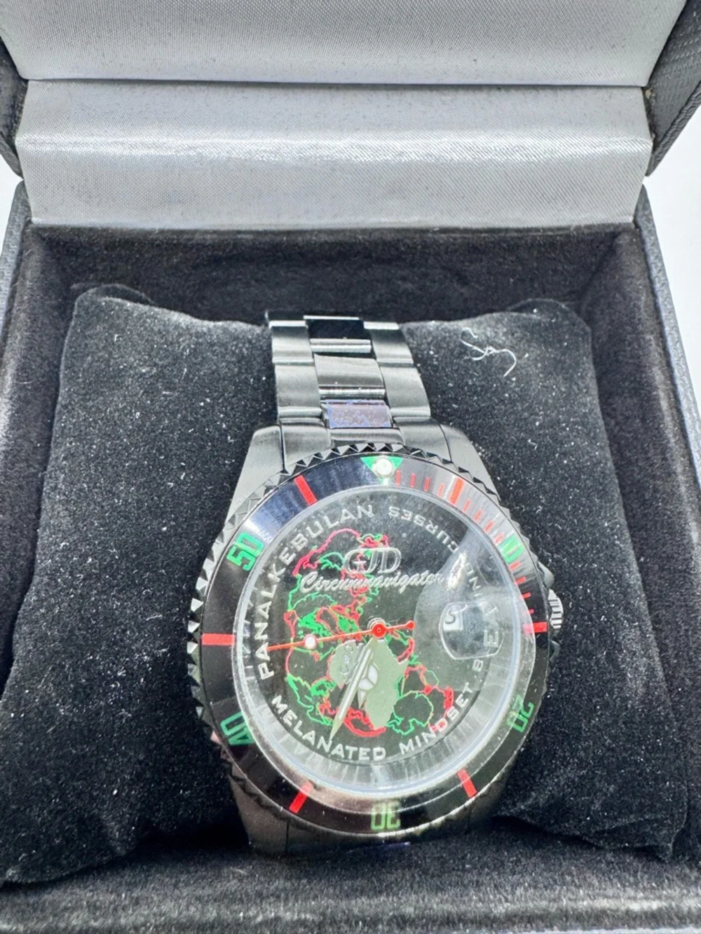 Pan-Alkebulan Circumnavigator Watch Melanated Mindset Black Stainless Steel Box